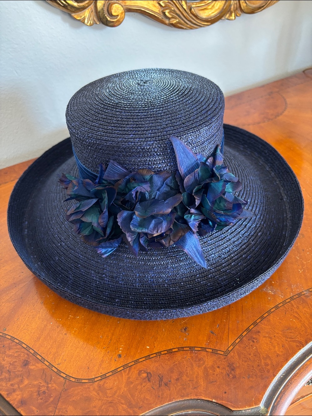 NWOT Vintage Tahari Navy Floral Hat with Decorative Blooms and Velvet Trim